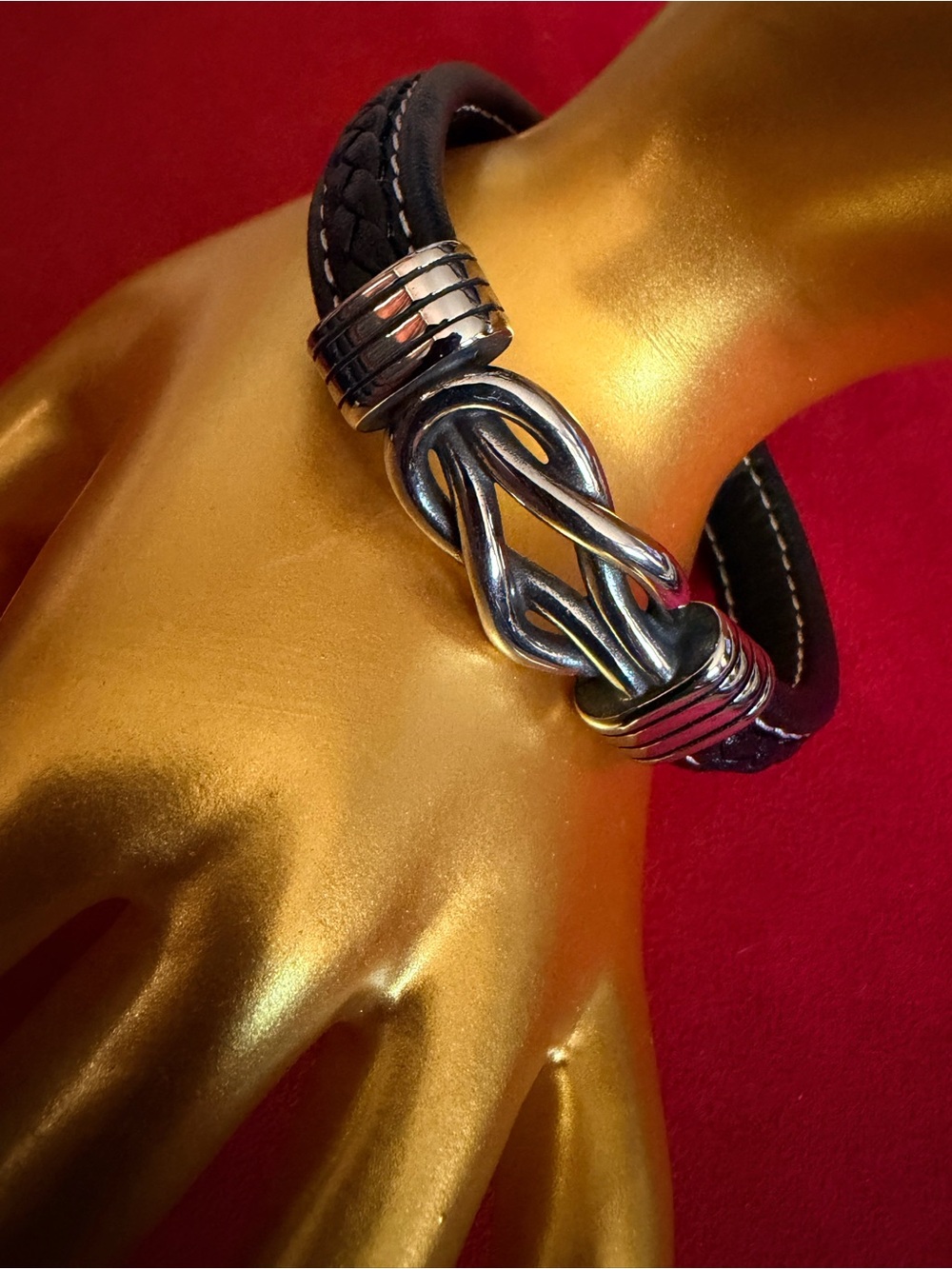 Black Leather Men / Women Bracelet with Silver Interlock Accent